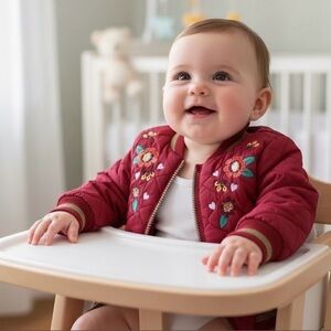 Little Lass dark pink/red quilted embroidered gold trim jacket, 3-6months